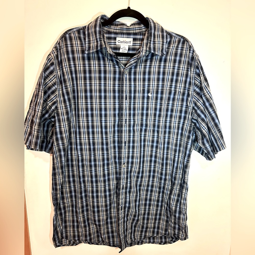 Men’s Carhartt Short Sleeve Button Down 
Blue Gray Black Plaid